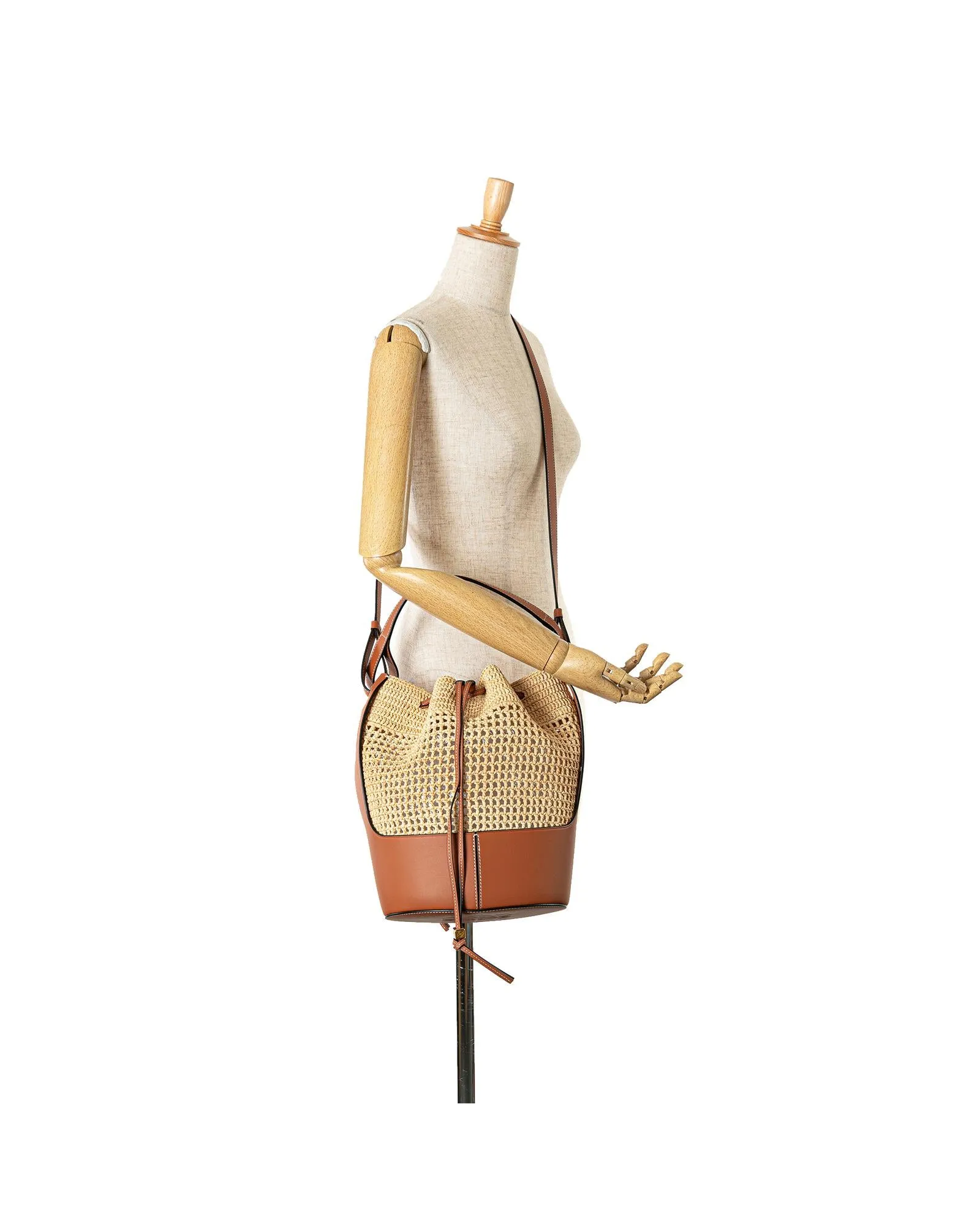 Raffia Balloon Bucket Bag with Leather Trim
