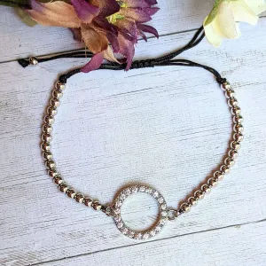 Rhinestone Infinity Circle Silver Beaded Waxed Cord Bracelet