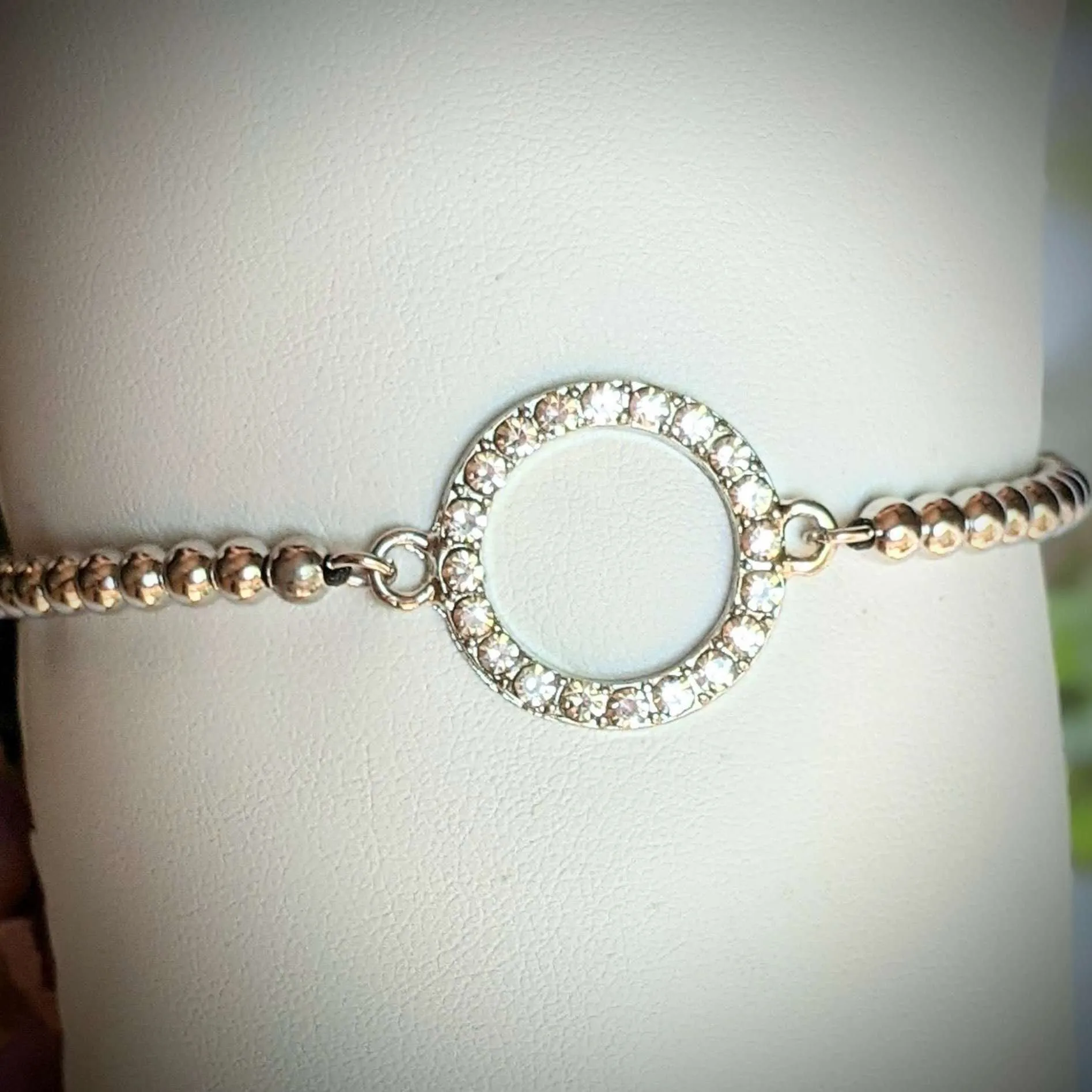 Rhinestone Infinity Circle Silver Beaded Waxed Cord Bracelet
