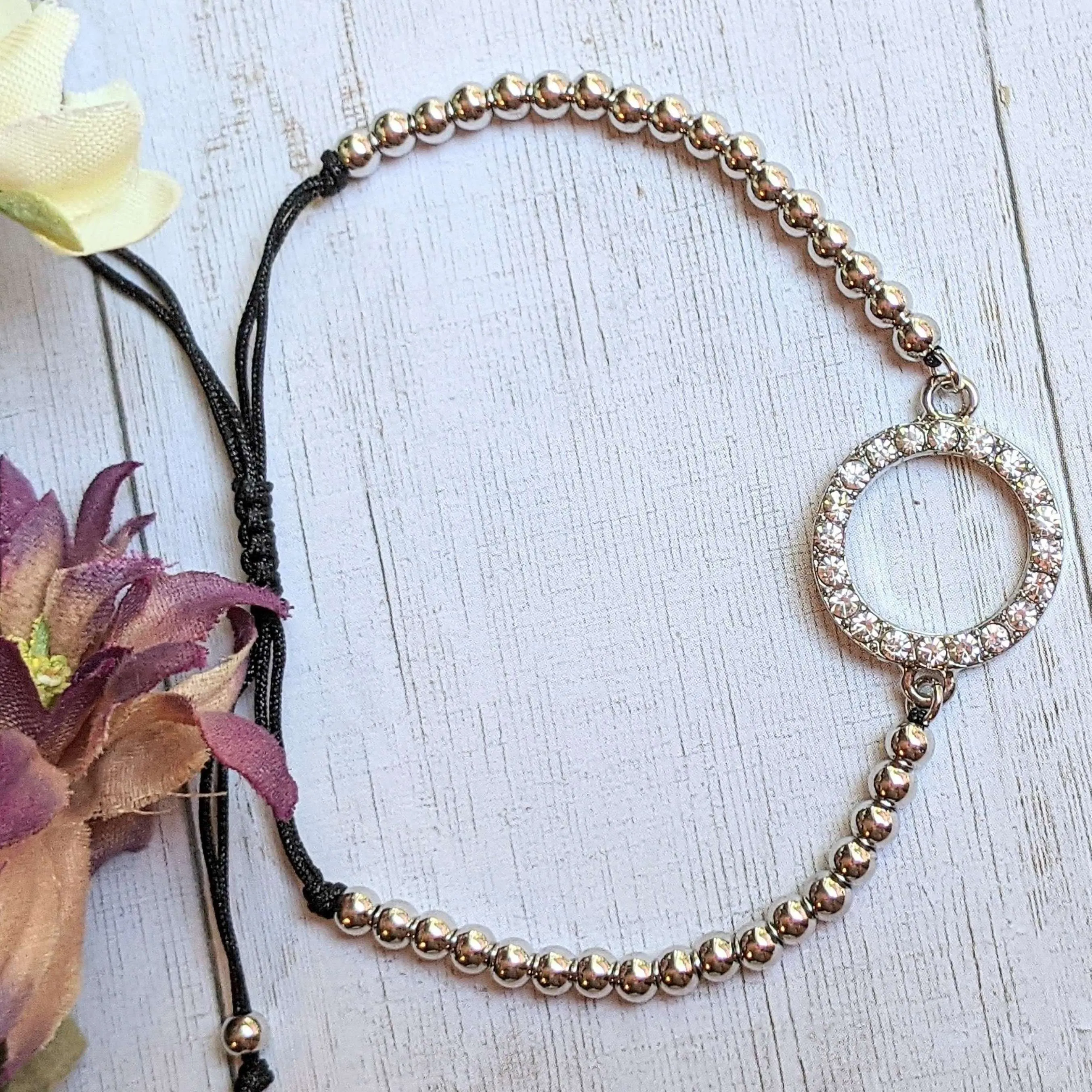 Rhinestone Infinity Circle Silver Beaded Waxed Cord Bracelet