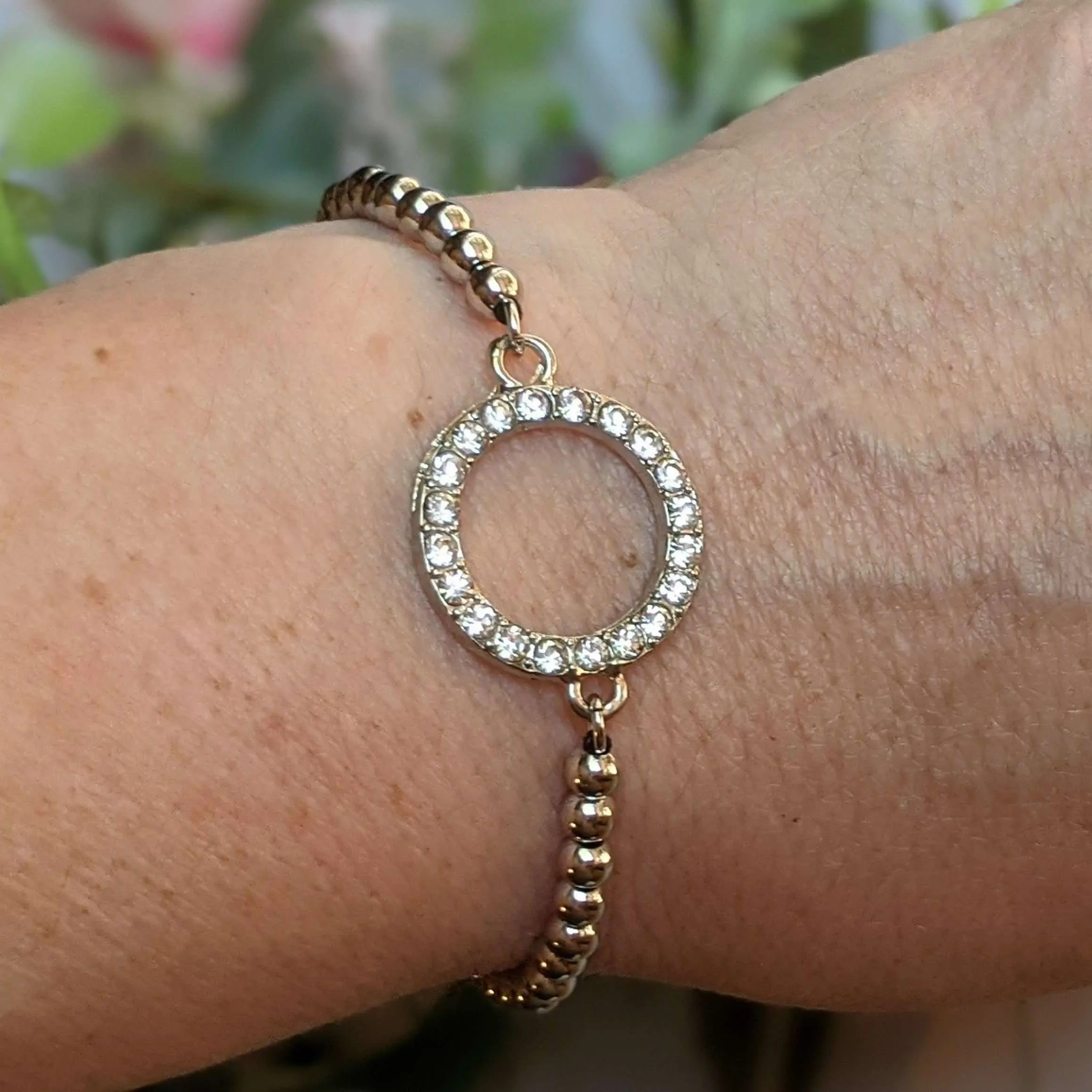 Rhinestone Infinity Circle Silver Beaded Waxed Cord Bracelet