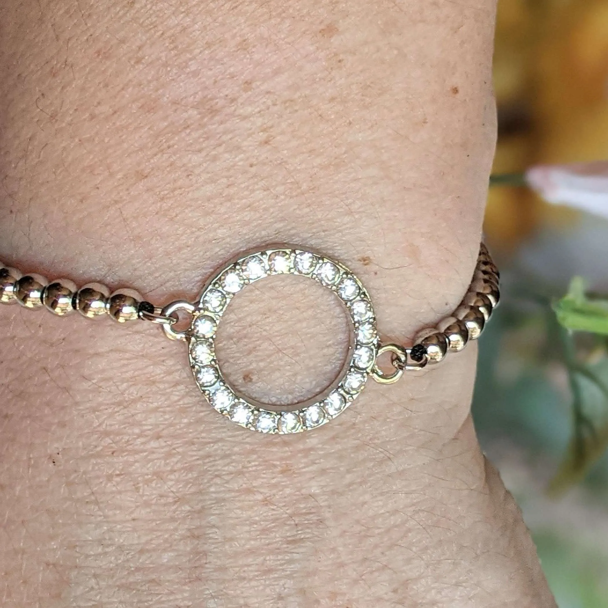 Rhinestone Infinity Circle Silver Beaded Waxed Cord Bracelet