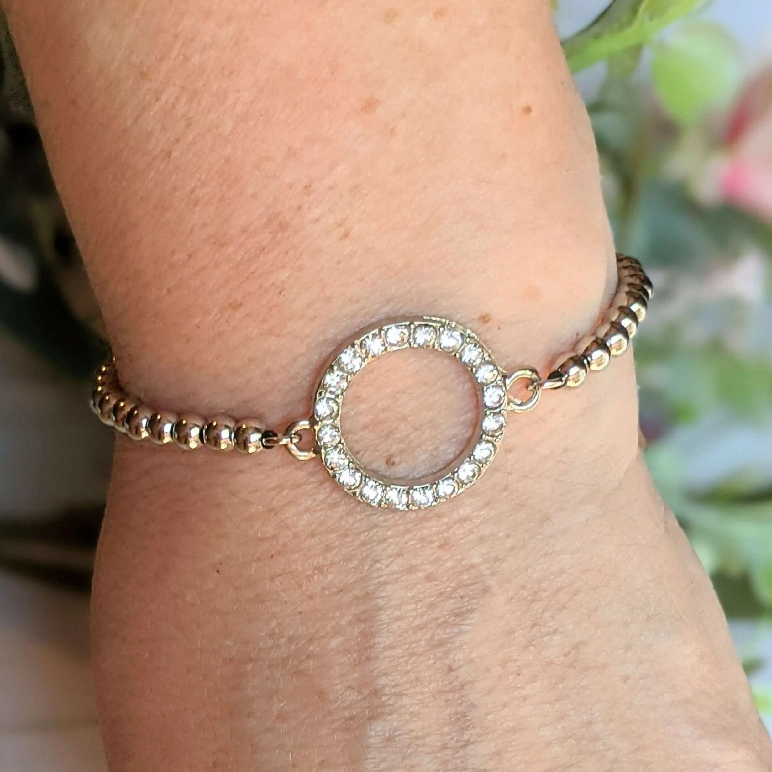 Rhinestone Infinity Circle Silver Beaded Waxed Cord Bracelet