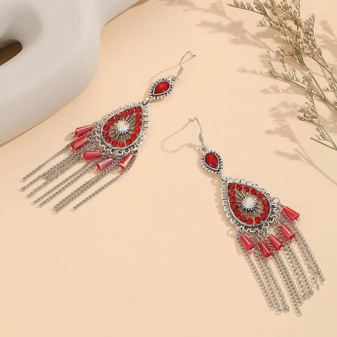 Rhinestone Tassel Dangle Boho Oversized Earrings for Women Stainless Steel Jewelry