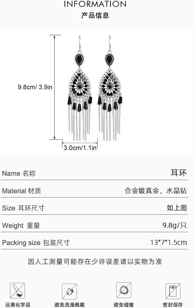 Rhinestone Tassel Dangle Boho Oversized Earrings for Women Stainless Steel Jewelry