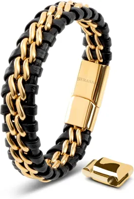 SERASAR | Premium Genuine Leather Bracelet [Steel] for Men in Black | Magnetic Stainless Steel Clasp in Black, Silver and Gold | Exclusive Jewellery Box | Great Gift Idea