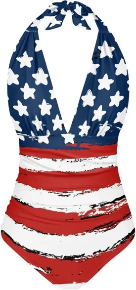 Sprowallow Swimsuits for Women One Piece Tummy Control V-Neck Halter High Cut Bathing Suit Creative Print Vacation Swimwear
