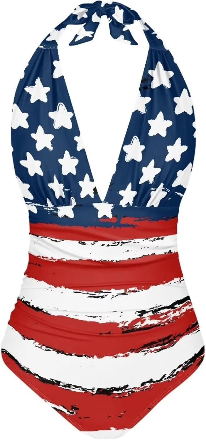 Sprowallow Swimsuits for Women One Piece Tummy Control V-Neck Halter High Cut Bathing Suit Creative Print Vacation Swimwear
