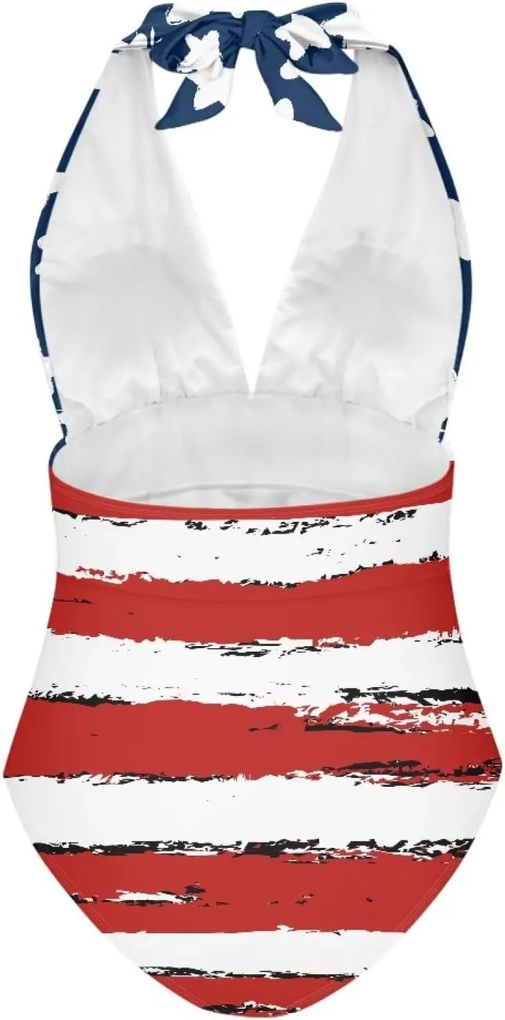 Sprowallow Swimsuits for Women One Piece Tummy Control V-Neck Halter High Cut Bathing Suit Creative Print Vacation Swimwear