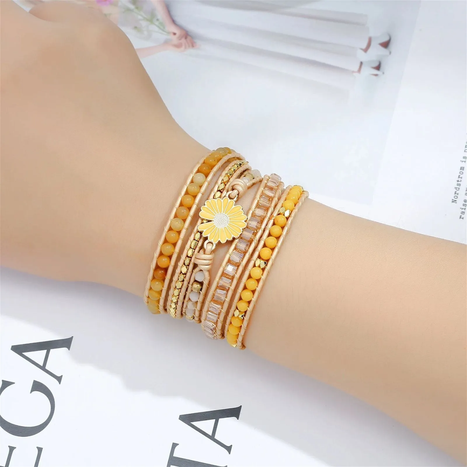 Sunflower Daisy Charm Yellow Stone Bracelet