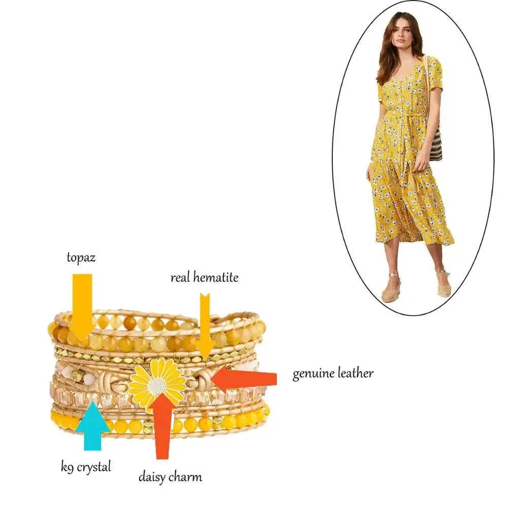 Sunflower Daisy Charm Yellow Stone Bracelet