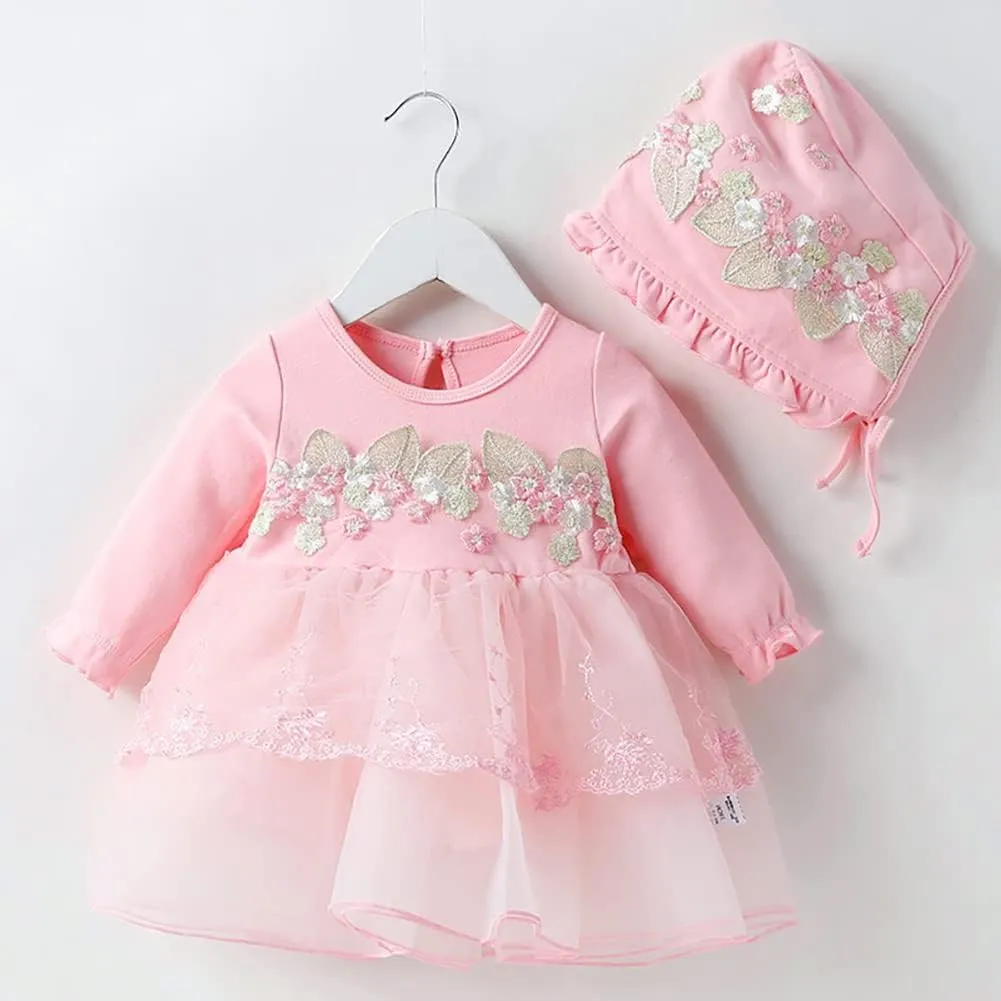 Toddler Baby Girl Long Sleeve Fall Dress Flower Lace Wedding First Birthday Baptism Christening Dresses with Hat Outfit
