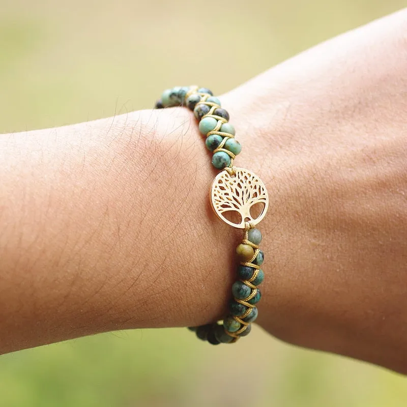Tree of Life African Jasper Braided Charm Crystal Bracelet Gold Silver Bracelet
