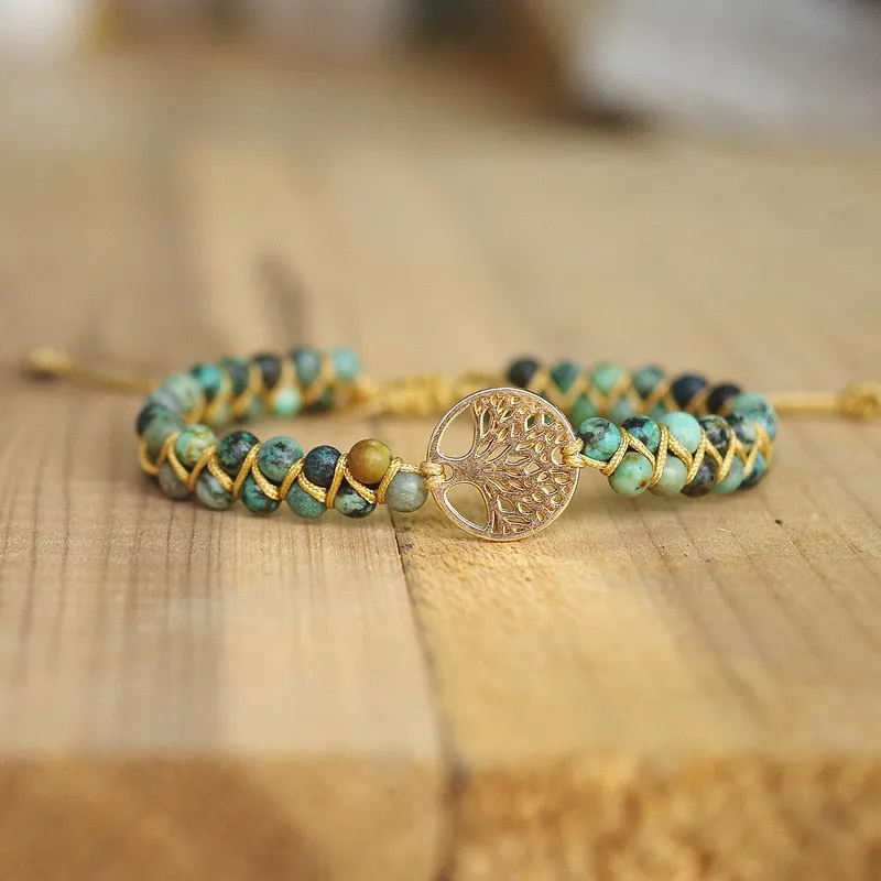 Tree of Life African Jasper Braided Charm Crystal Bracelet Gold Silver Bracelet