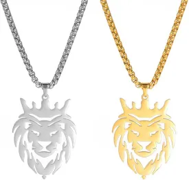 VASSAGO Lion Head Necklace for Men Women Stainless Steel Lion Pendant with King Crown Statement NecklaceTrendy Punk Jewelry Gifts
