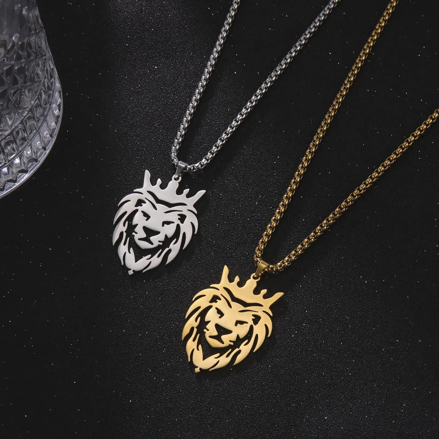 VASSAGO Lion Head Necklace for Men Women Stainless Steel Lion Pendant with King Crown Statement NecklaceTrendy Punk Jewelry Gifts