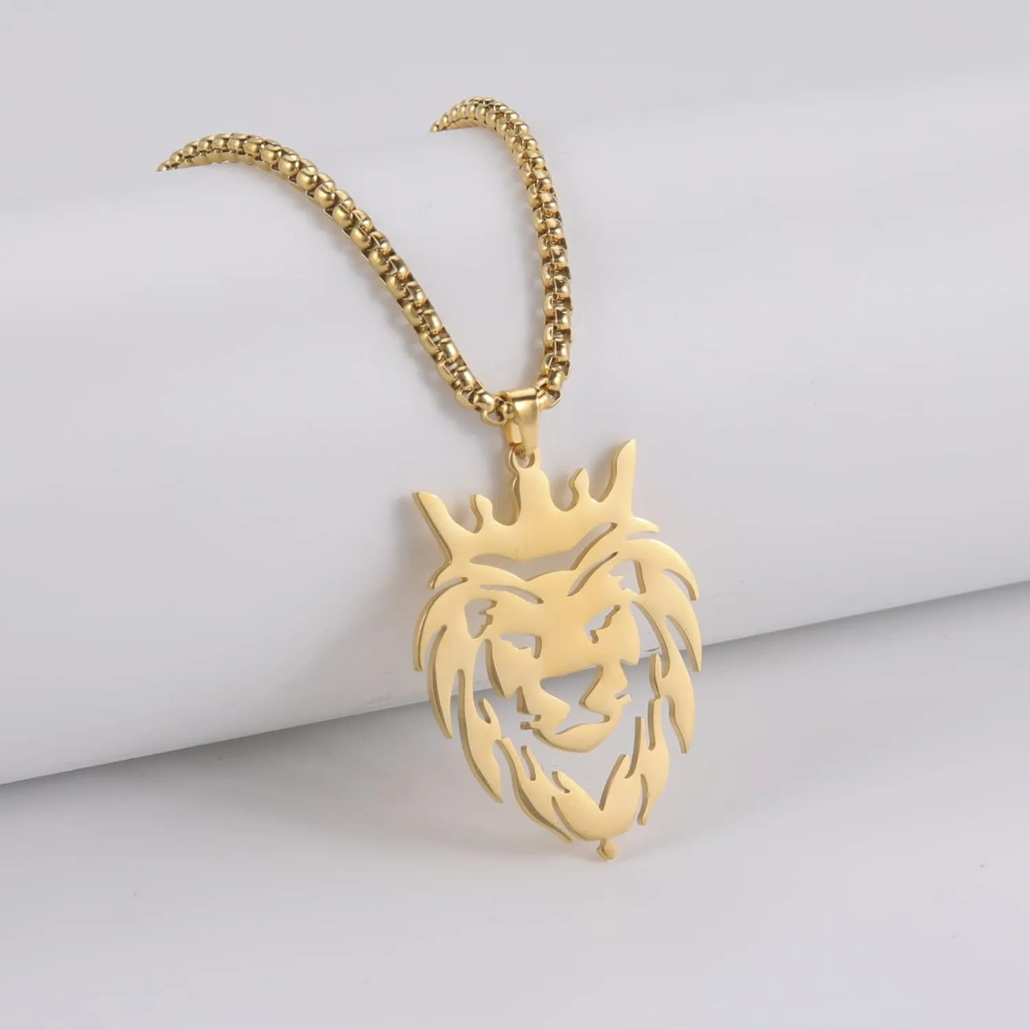 VASSAGO Lion Head Necklace for Men Women Stainless Steel Lion Pendant with King Crown Statement NecklaceTrendy Punk Jewelry Gifts