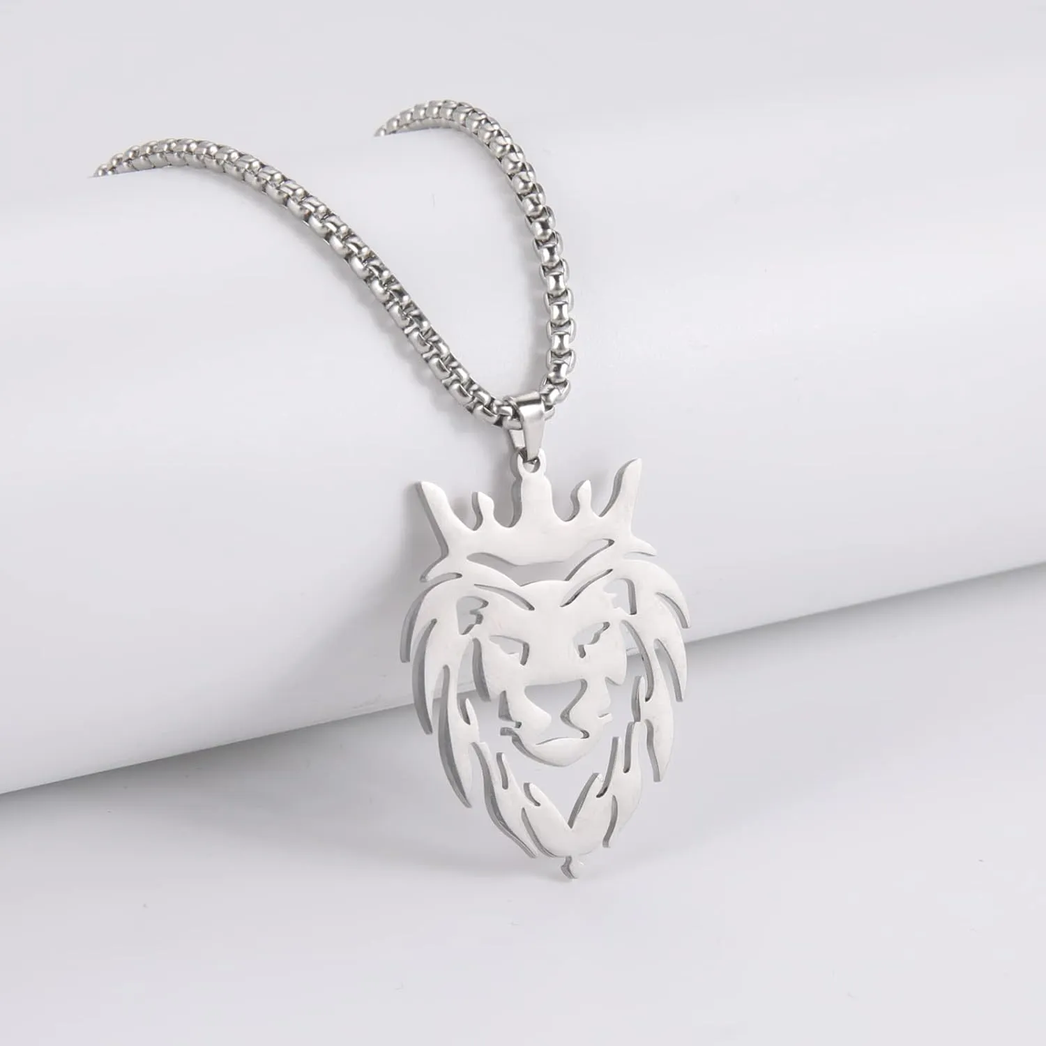 VASSAGO Lion Head Necklace for Men Women Stainless Steel Lion Pendant with King Crown Statement NecklaceTrendy Punk Jewelry Gifts