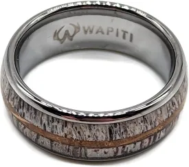 Wapiti Deer Antler, Turquoise, and Whiskey Barrel Inlay in Tungsten Ring with Included Ring Box