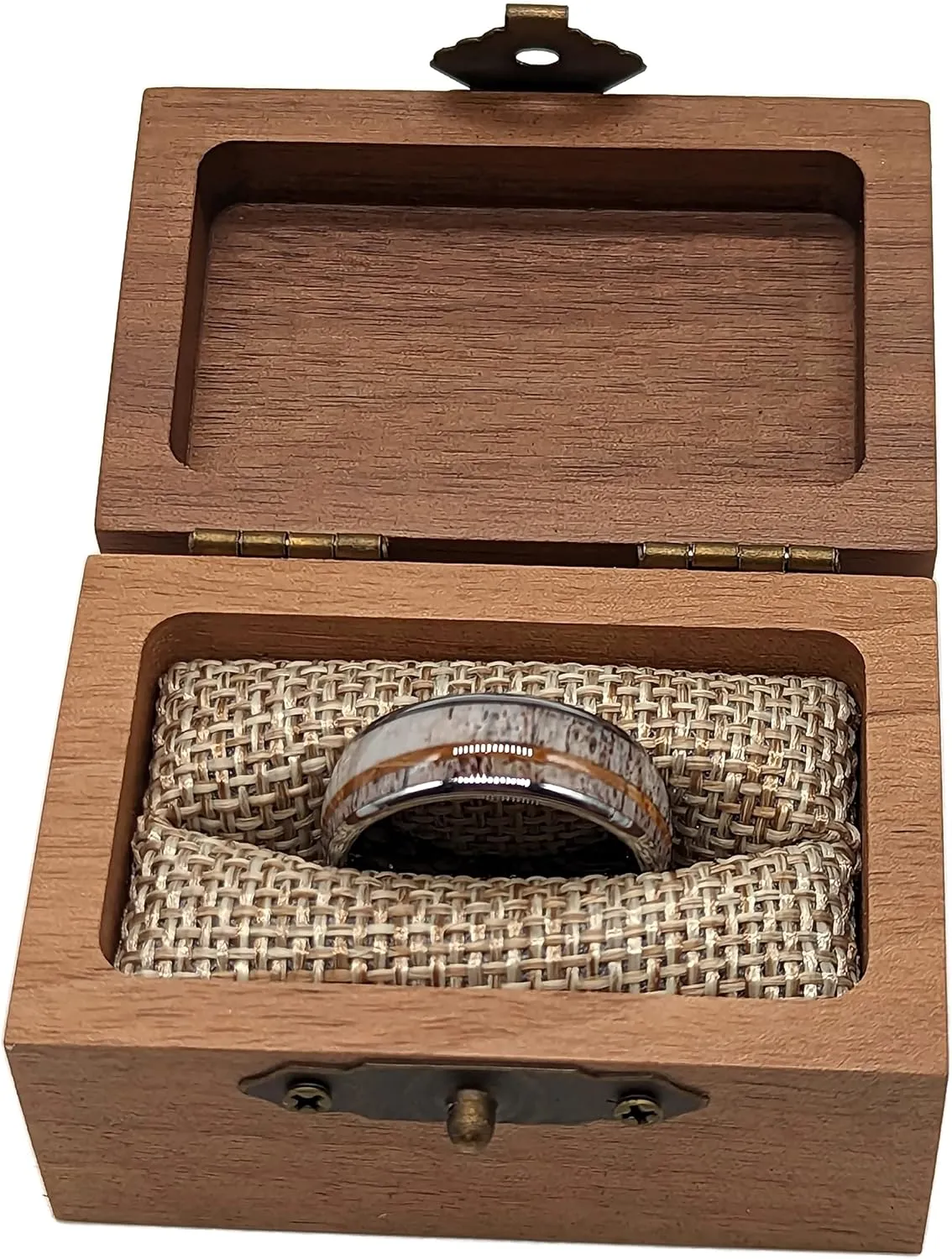 Wapiti Deer Antler, Turquoise, and Whiskey Barrel Inlay in Tungsten Ring with Included Ring Box