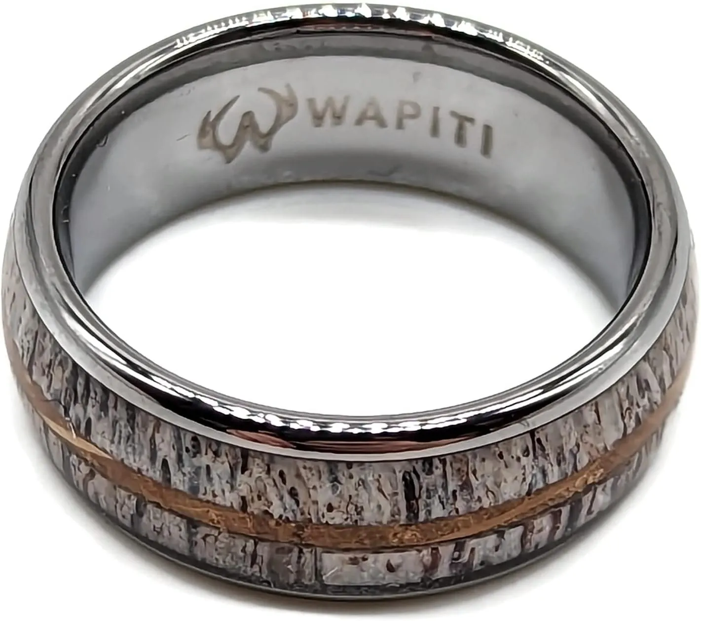 Wapiti Deer Antler, Turquoise, and Whiskey Barrel Inlay in Tungsten Ring with Included Ring Box