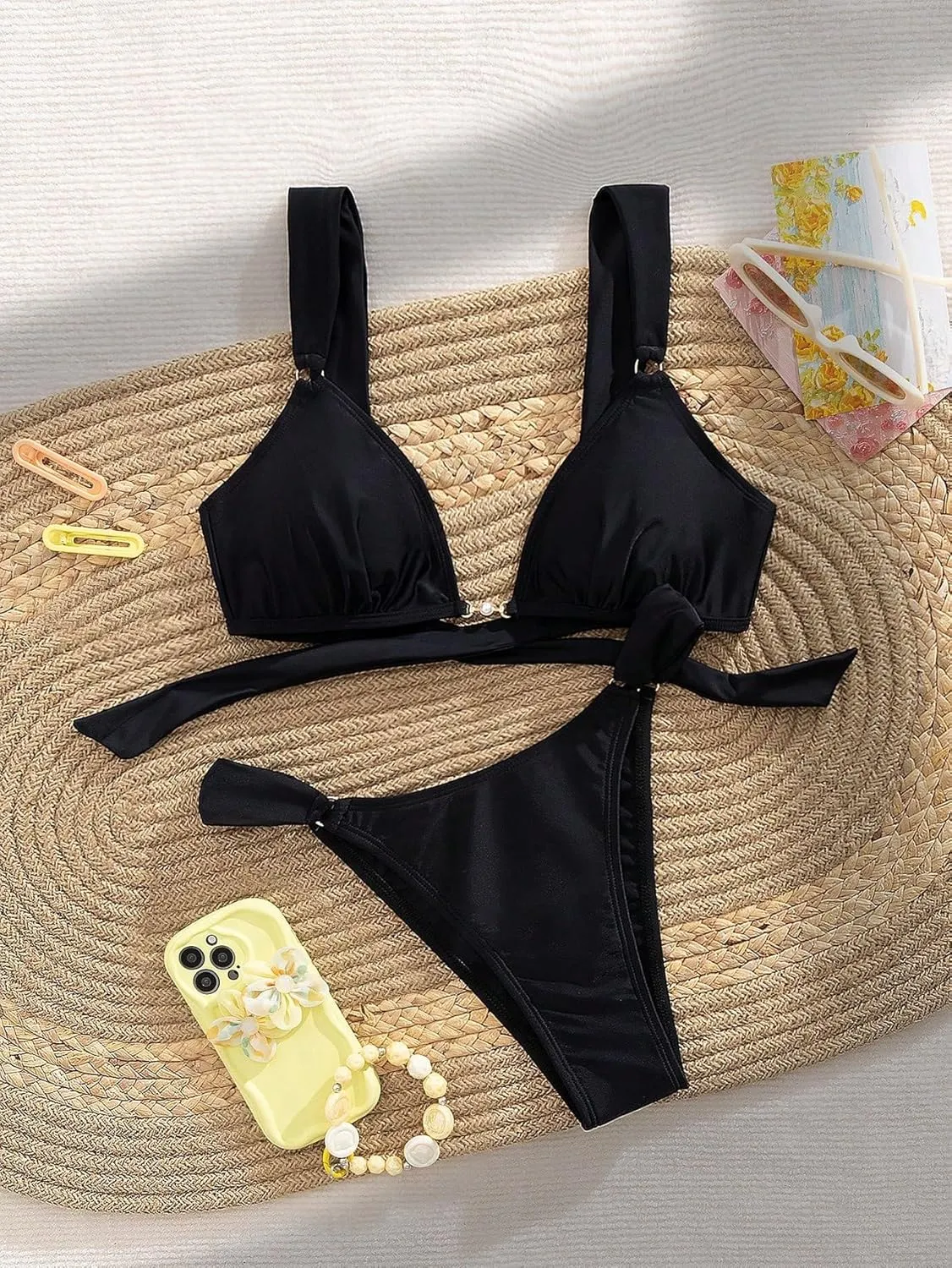 Women's 2 Piece Cheeky Bikini Sets Tie Back Ring Linked Brazilian Swimsuit Sexy Triangle Bathing Suit