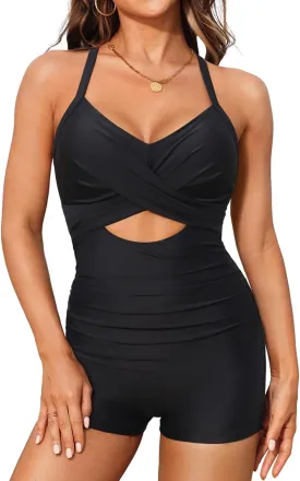 Women's One Piece Swimsuit with Shorts Boyshorts Boyleg 2025 Cutout Bathing Suit Criss Cross Swimwear
