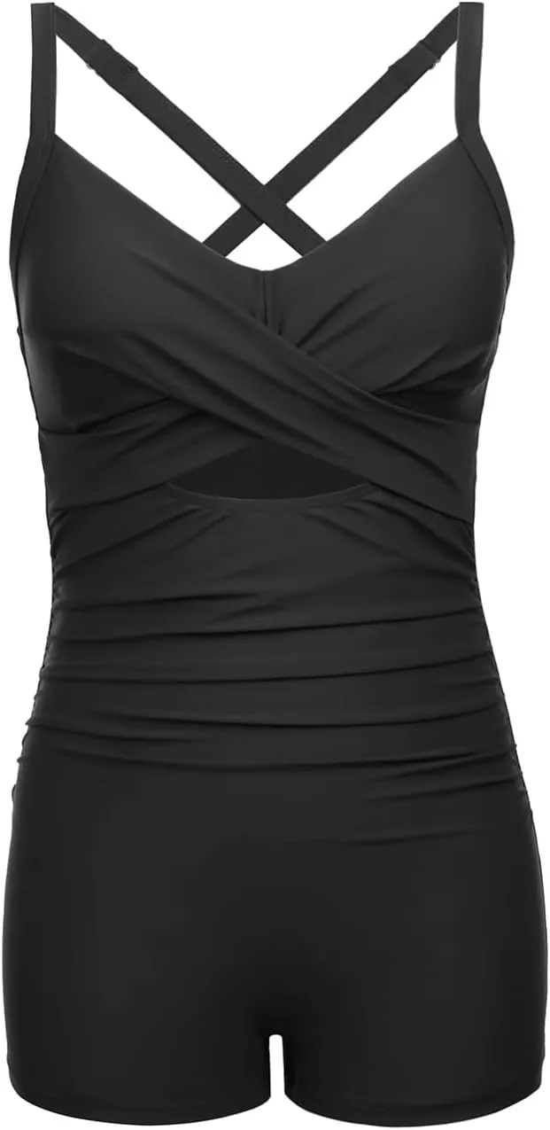 Women's One Piece Swimsuit with Shorts Boyshorts Boyleg 2025 Cutout Bathing Suit Criss Cross Swimwear