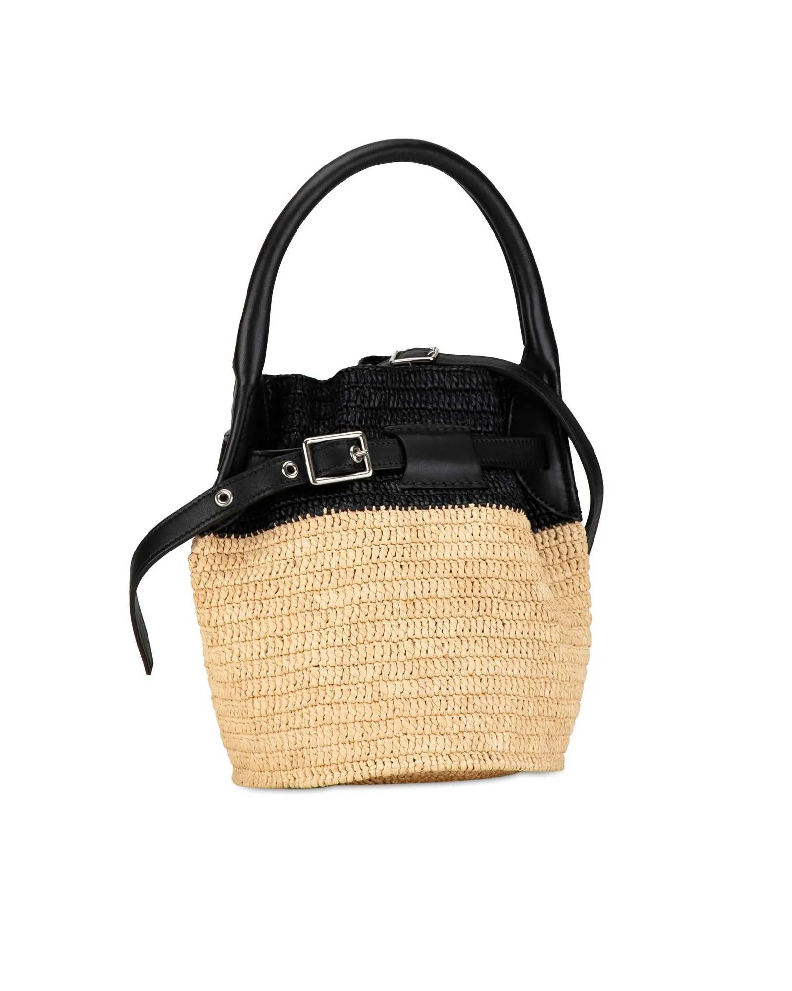 Woven Raffia Nano Bucket Bag with Leather Trim
