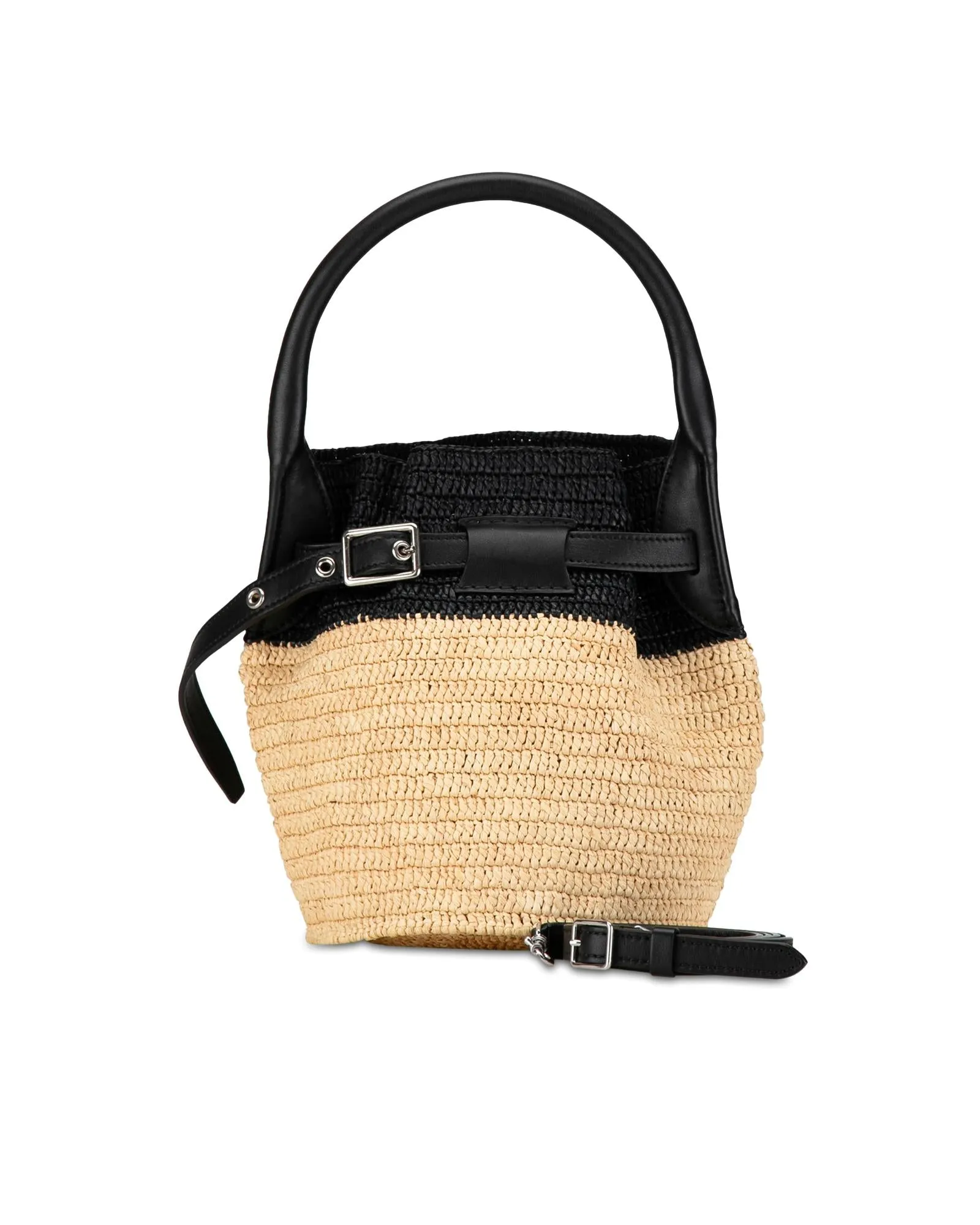 Woven Raffia Nano Bucket Bag with Leather Trim