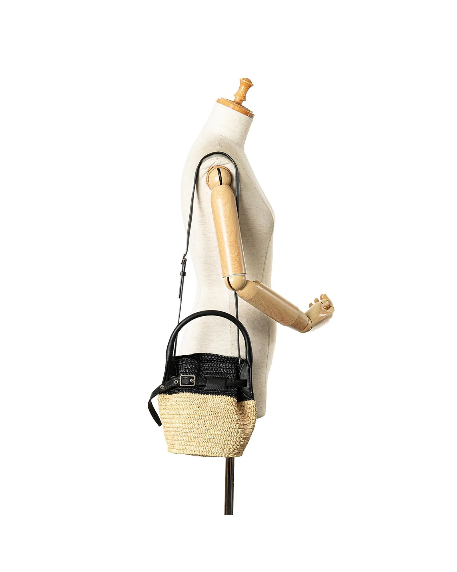Woven Raffia Nano Bucket Bag with Leather Trim