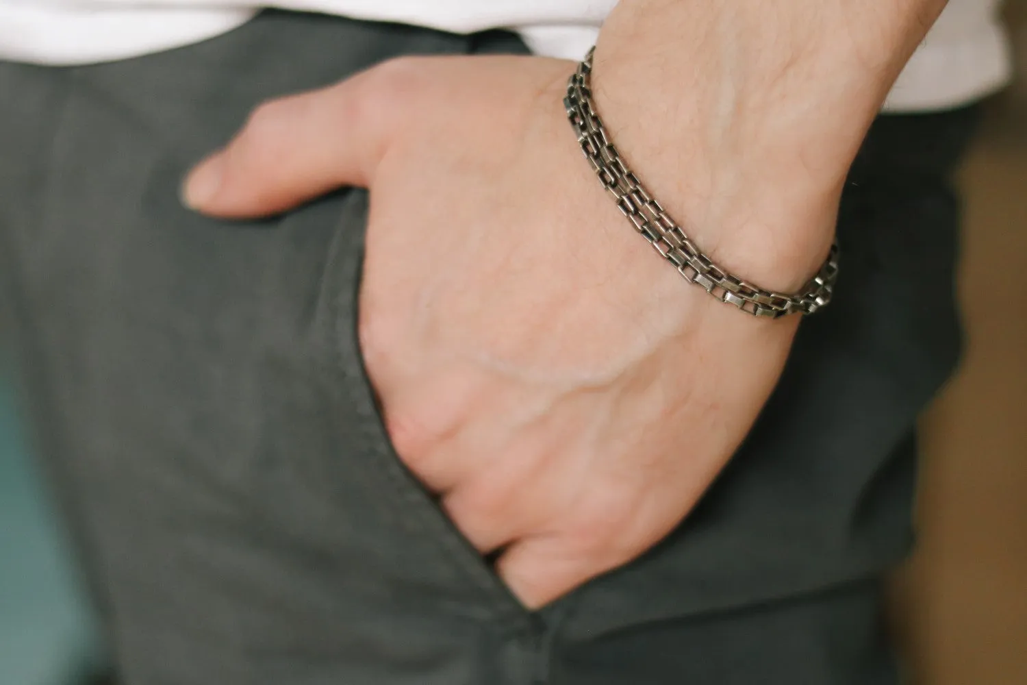 Wrapped chain bracelet for men, silver elongated cable chain, customize gift for him, mens jewelry, minimalist jewelry, fathers day gift box