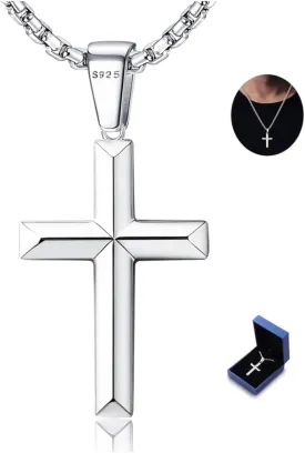 YADOCA 925 Sterling Silver Cross Necklace for Men - 3mm Stainless Steel Box Chain Silver Cross Chains Beveled Edge Crucifix Cross Pendant Necklace Jewelry for Women Mens 16-24 Inches