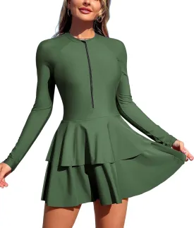 ZAFUL Women's One Piece Rash Guard Long Sleeve Modest Swimsuits Dress Zipper Bathing Suit Swimskirt