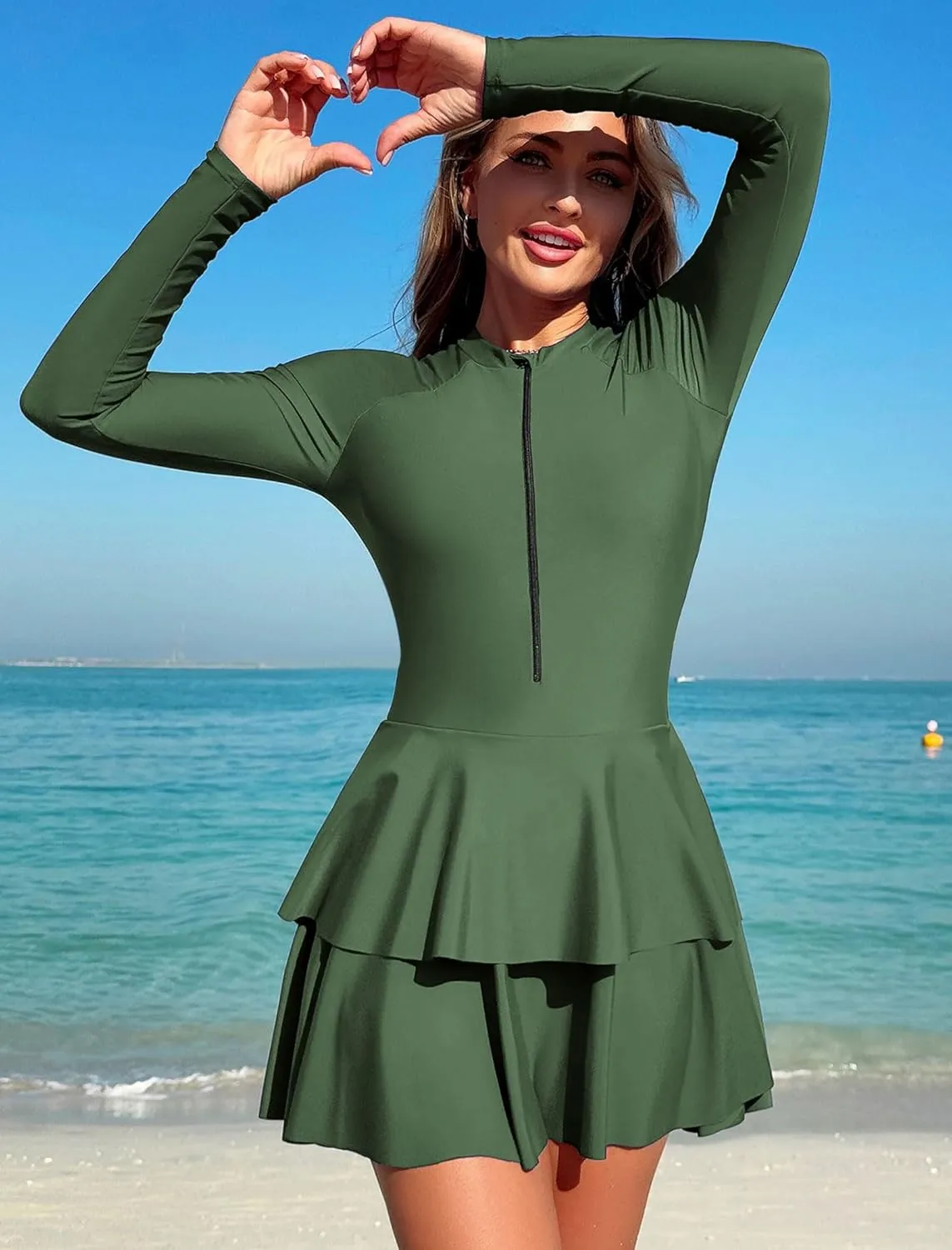 ZAFUL Women's One Piece Rash Guard Long Sleeve Modest Swimsuits Dress Zipper Bathing Suit Swimskirt